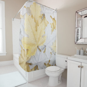 Holiday Winter White and Gold Glitter Maple Leaves Shower Curtain
