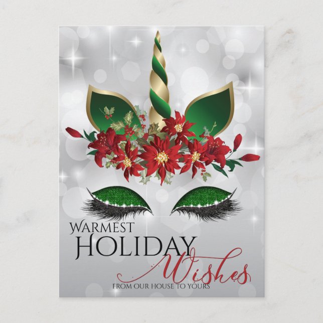 Holiday Wishes Festive Unicorn Face Postcard (Front)