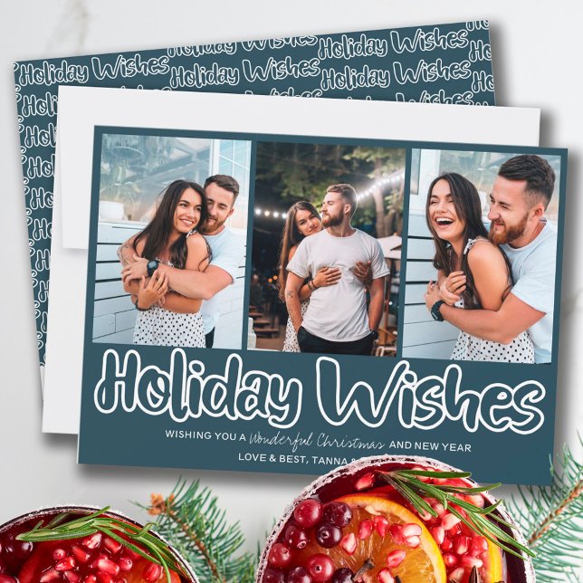 Holiday Wishes Outline Lettering 3 Vertical Photo Card (Creator Uploaded)