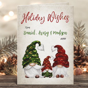 Holiday Wishes Rustic Calligraphy Gnome Family Card
