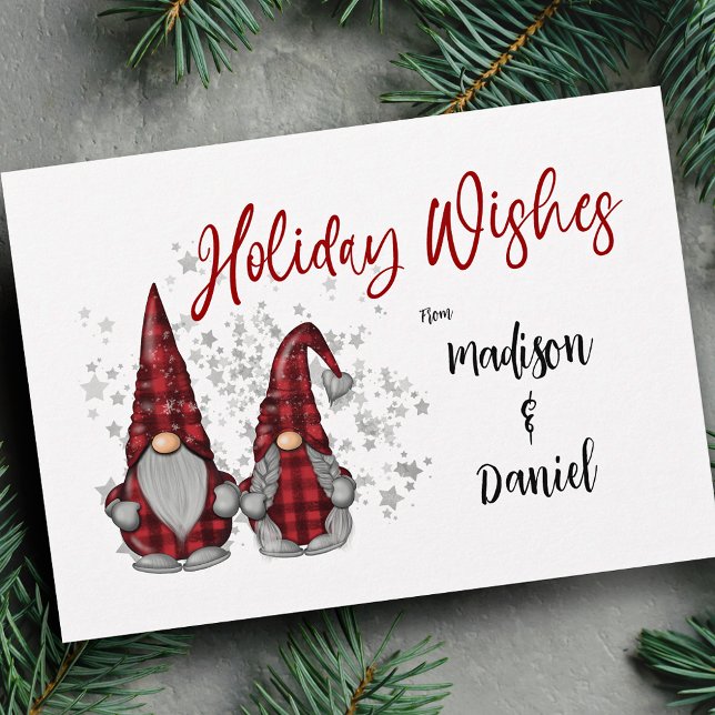 Holiday Wishes Rustic Gnomes in Red Buffalo Plaid Card (Creator Uploaded)