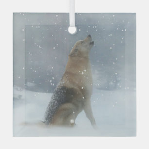 Holiday Wolf and Snow Howling Glass Tree Decoration