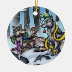 Holiday Wolves Ceramic Tree Decoration