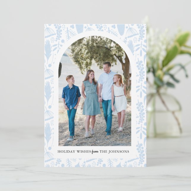 Holiday Woodland Arch Personalise Photo Card Blue (Standing Front)
