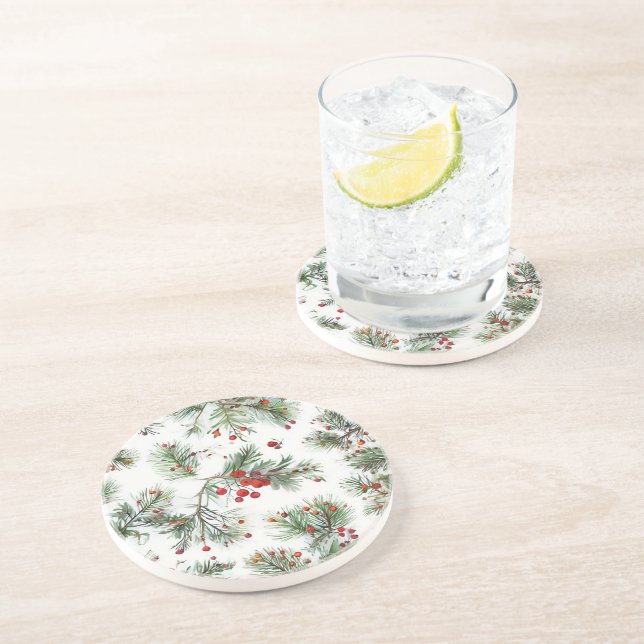 Holiday Woodland Pine & Red Berries Design Coaster (Side)