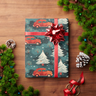 Holiday wrapping paper with cars and trees