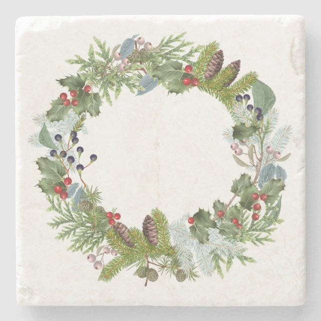 Holiday Wreath Marble Stone Coaster (Front)