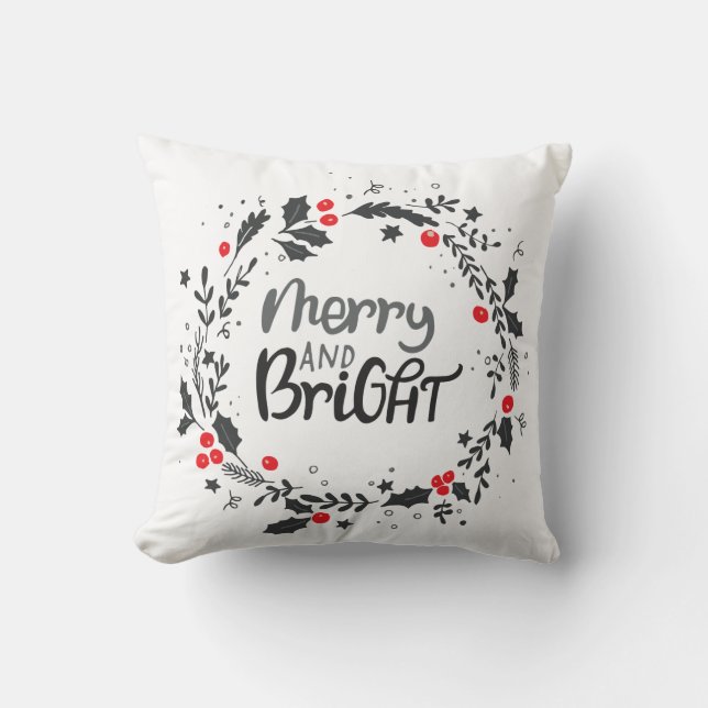 Holiday Wreath Merry and Bright Typography Cushion (Front)