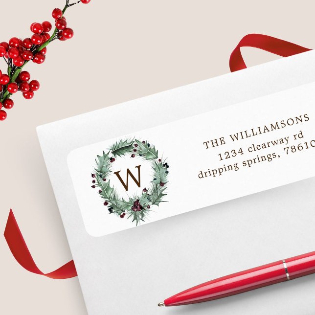 Holiday Wreath Monogram Return Address Label (Creator Uploaded)