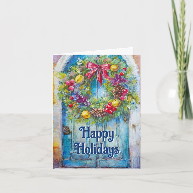 Holiday Wreath on Old Door Card (Front)