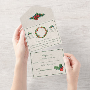 Holiday Wreath Poinsettia Christmas Wedding All In One Invitation