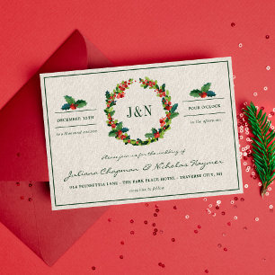 Holiday Wreath Poinsettia Christmas Wedding Invitation