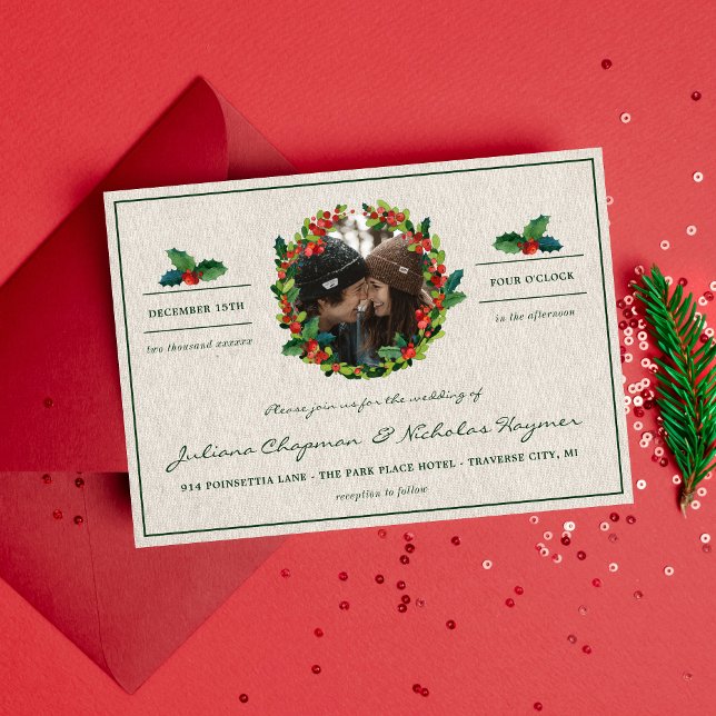 Holiday Wreath Poinsettia Christmas Wedding Invitation (Creator Uploaded)