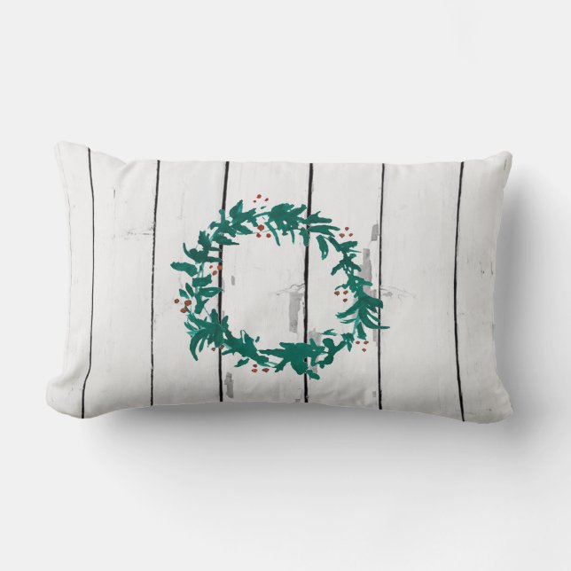 Holiday Wreath Shiplap Rustic Wood Beach Decor Lumbar Cushion (Front)