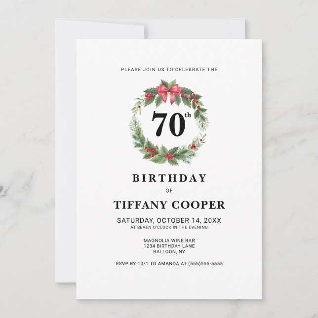 Holiday Wreath Winter 70th Birthday Party Invitation (Front)