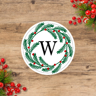 Holiday Wreath with Berries Monogram Classic Round Sticker