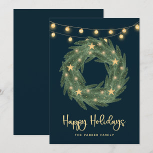 Holiday Wreath with Gold String Lights on Blue Card