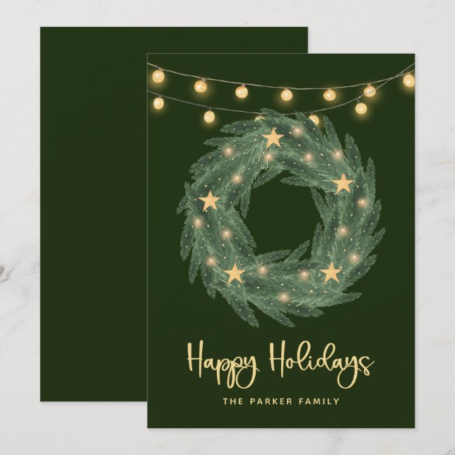Holiday Wreath with Gold String Lights on Green Card (Front/Back)