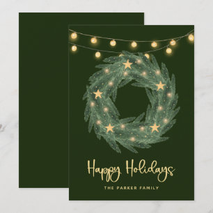 Holiday Wreath with Gold String Lights on Green Card