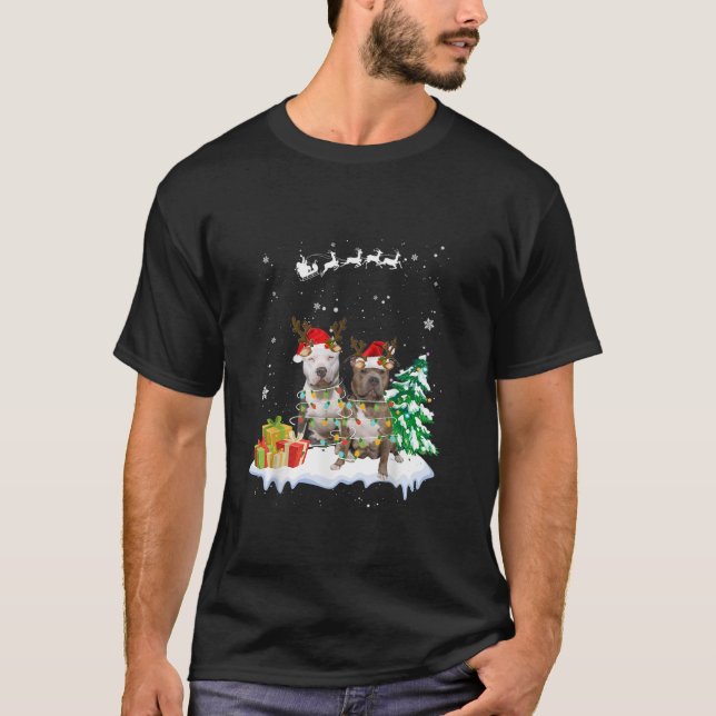 Holiday Xmas Light Santa Pitbull Dog Christmas Tre T-Shirt (Front)