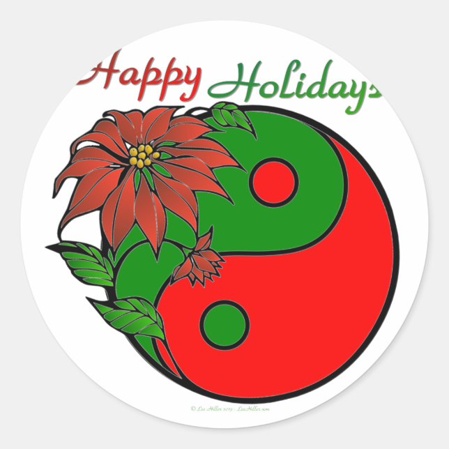 Holiday Yin Yang Poinsettia Green Red Classic Round Sticker (Front)