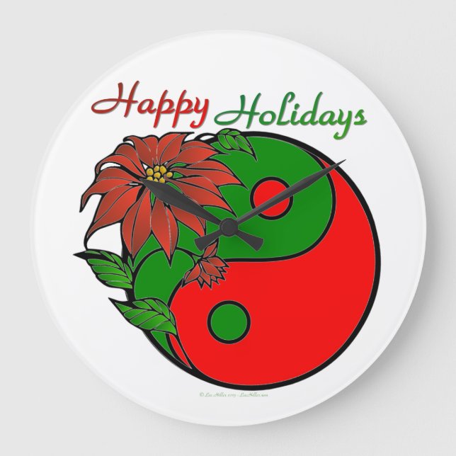 Holiday Yin Yang Poinsettia Green Red Large Clock (Front)