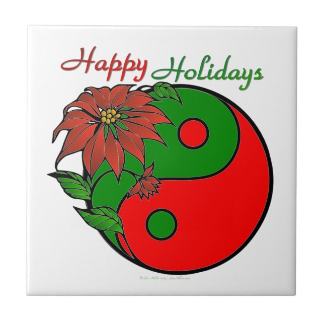 Holiday Yin Yang Poinsettia Green Red Tile (Front)