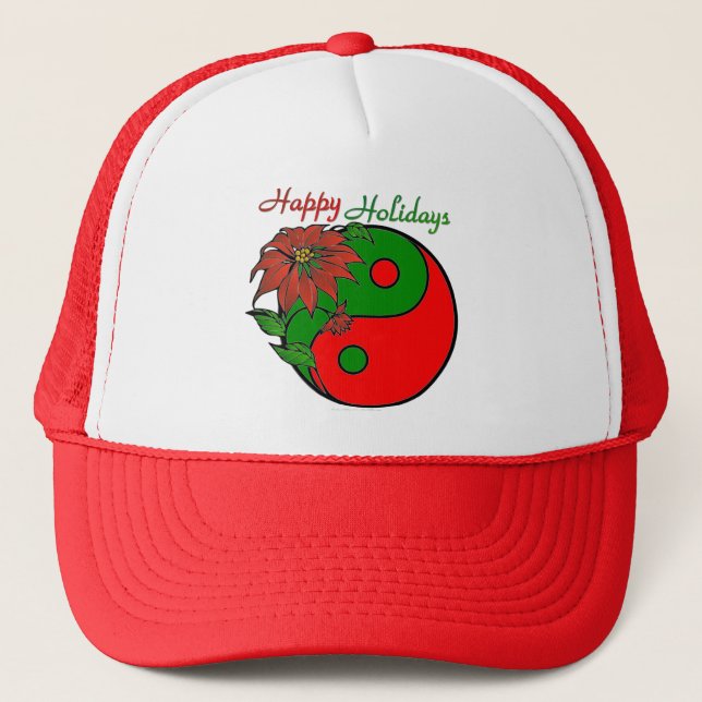 Holiday Yin Yang Poinsettia Green Red Trucker Hat (Front)
