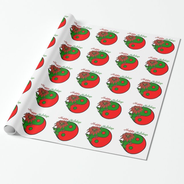 Holiday Yin Yang Poinsettia Green Red Wrapping Paper (Unrolled)