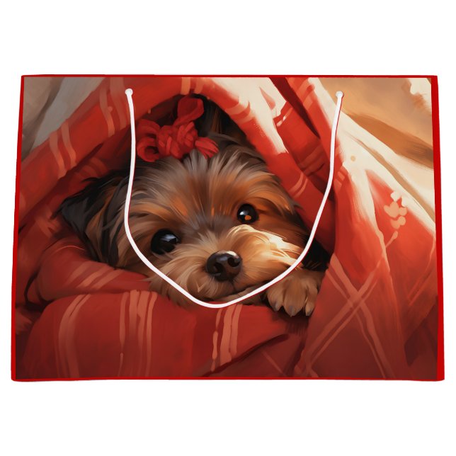 Holiday Yorkshire Terrier Large Gift Bag (Front)