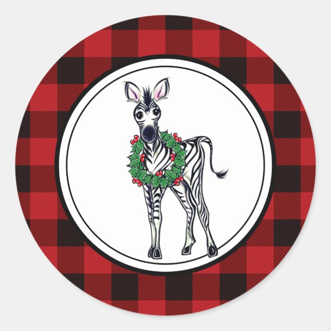 Holiday Zebra illustration, buffalo plaid Classic Round Sticker (Front)