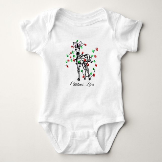 Holiday Zebra, red, green Christmas twinkle lights Baby Bodysuit (Front)