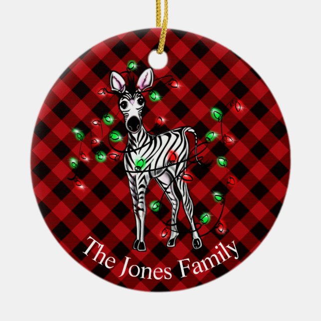 Holiday Zebra, red tartan, twinkle lights Ceramic Tree Decoration (Front)