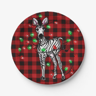 Holiday Zebra, red tartan, twinkle lights Paper Plate