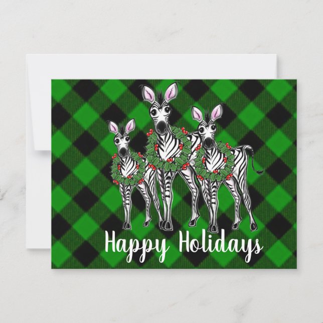 Holiday Zebras , Christmas wreath, green plaid   Card (Front)