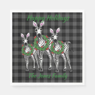  Holiday Zebras , Christmas wreath, grey plaid   Napkin