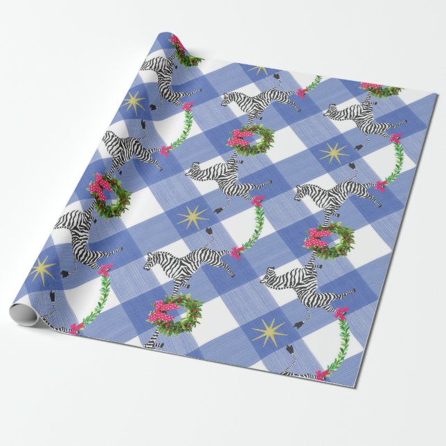 Holiday Zebras on Blue Plaid Wrapping Paper (Unrolled)