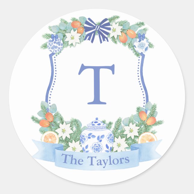 Holidays Blue And White Citrus Crest Envelope Seal (Front)