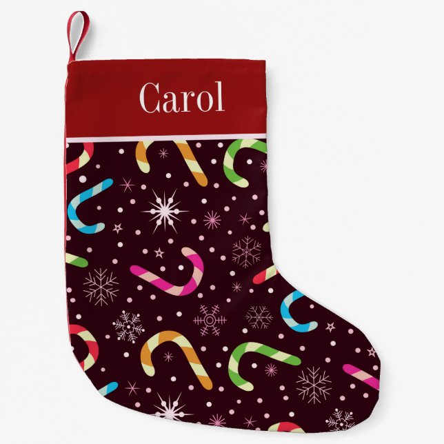 Holidays Candy Canes and Snowflakes custom name  Small Christmas Stocking (Front)