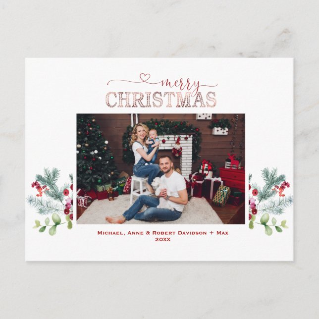 Holidays Greenery Photo Rose Gold Merry Christmas  Holiday Postcard (Front)