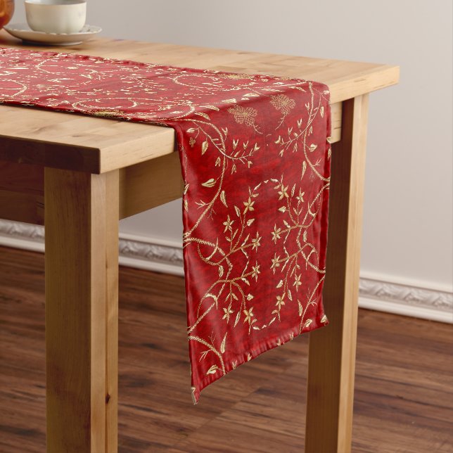 Holidays Red Gold French Embroidery Table Runner (In Situ)