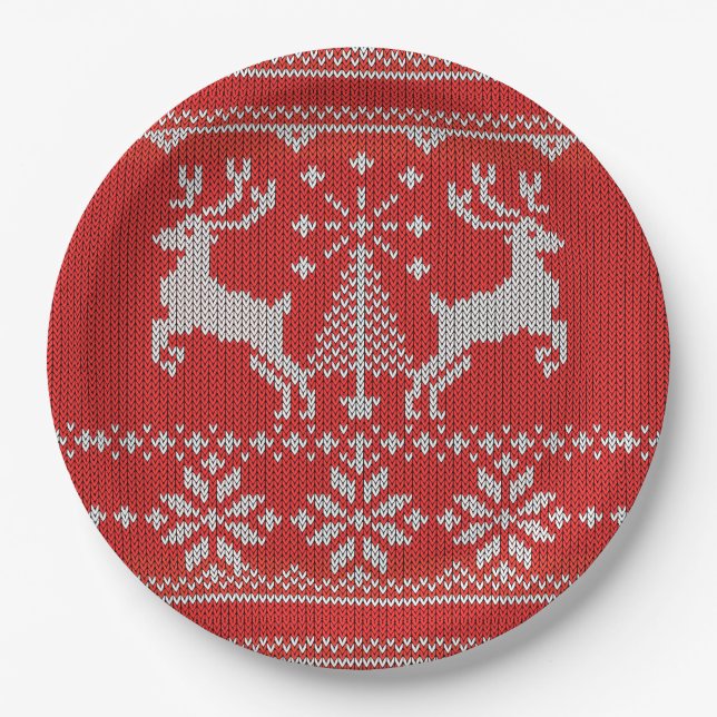Holidays Red Knit Ugly Christmas Sweater Ho Deer Paper Plate (Front)