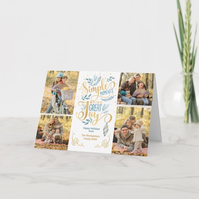 Holidays Simple Moments Bring Great Joy Blue Photo Holiday Card (Front)