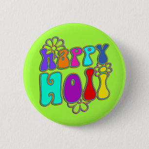 holiES - HAPPY HOLI coloured outline flowers 1 6 Cm Round Badge