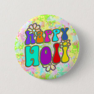 holiES - HAPPY HOLI coloured outline flowers 1 6 Cm Round Badge