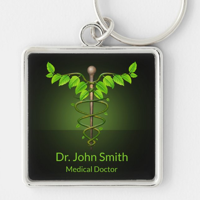 Holistic Alternative Medical Caduceus Green Leaves Key Ring (Front)