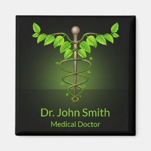 Holistic Alternative Medical Caduceus Green Leaves Magnet