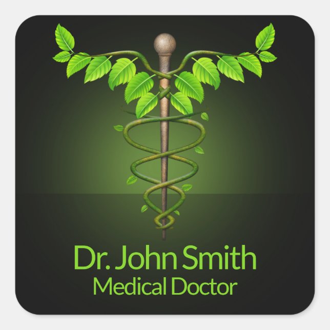 Holistic Alternative Medical Caduceus Green Leaves Square Sticker (Front)