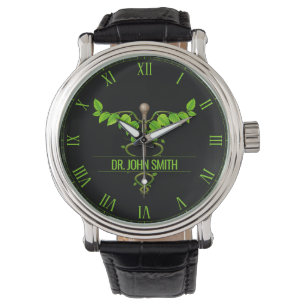 Holistic Alternative Medical Caduceus Green Leaves Watch