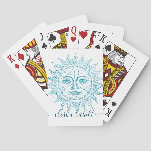 Holistic & Beautiful Celestial Sun Face & Stars Playing Cards (Back)